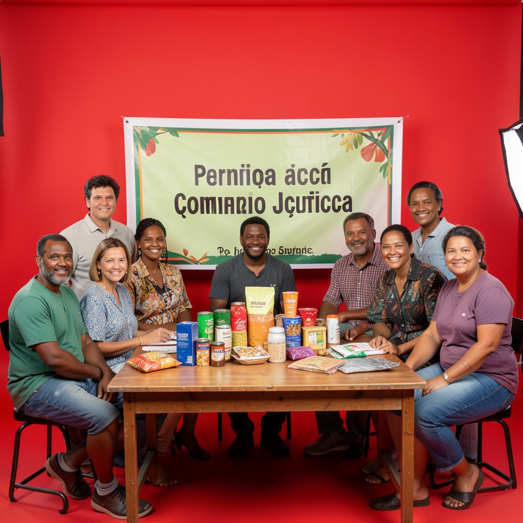 Grupo de personas alrededor de una mesa con productos de comercio justo, pancarta conmemorativa de fondo, ambiente comunitario y luminoso
